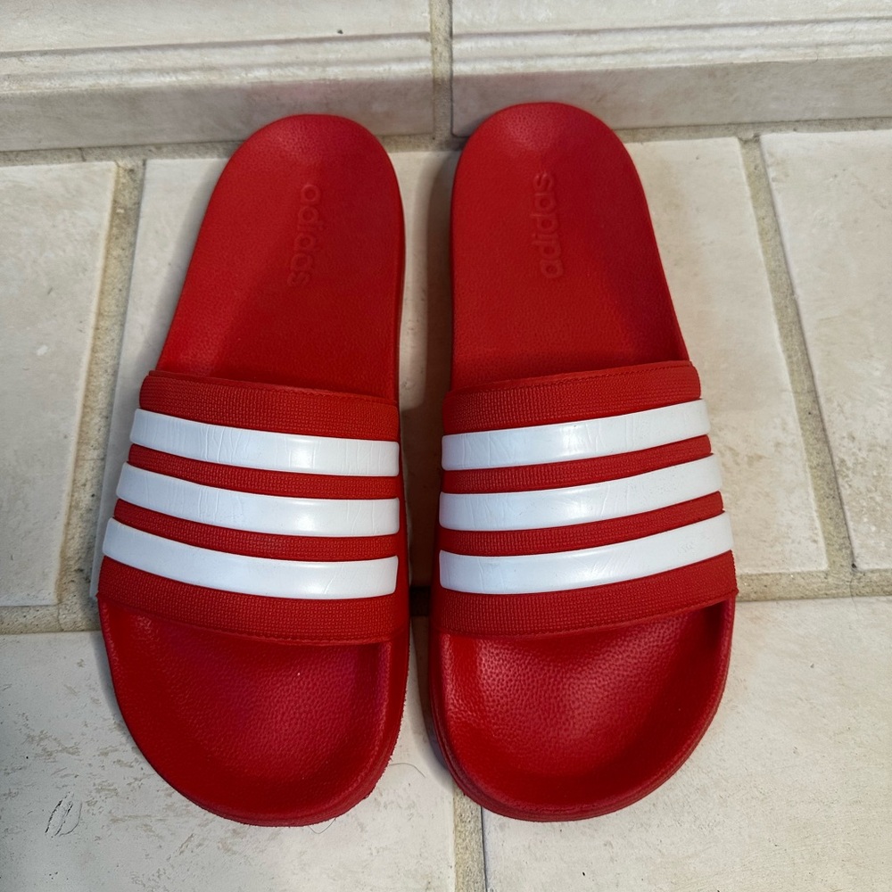 Adidas Red and White Slide Sandals